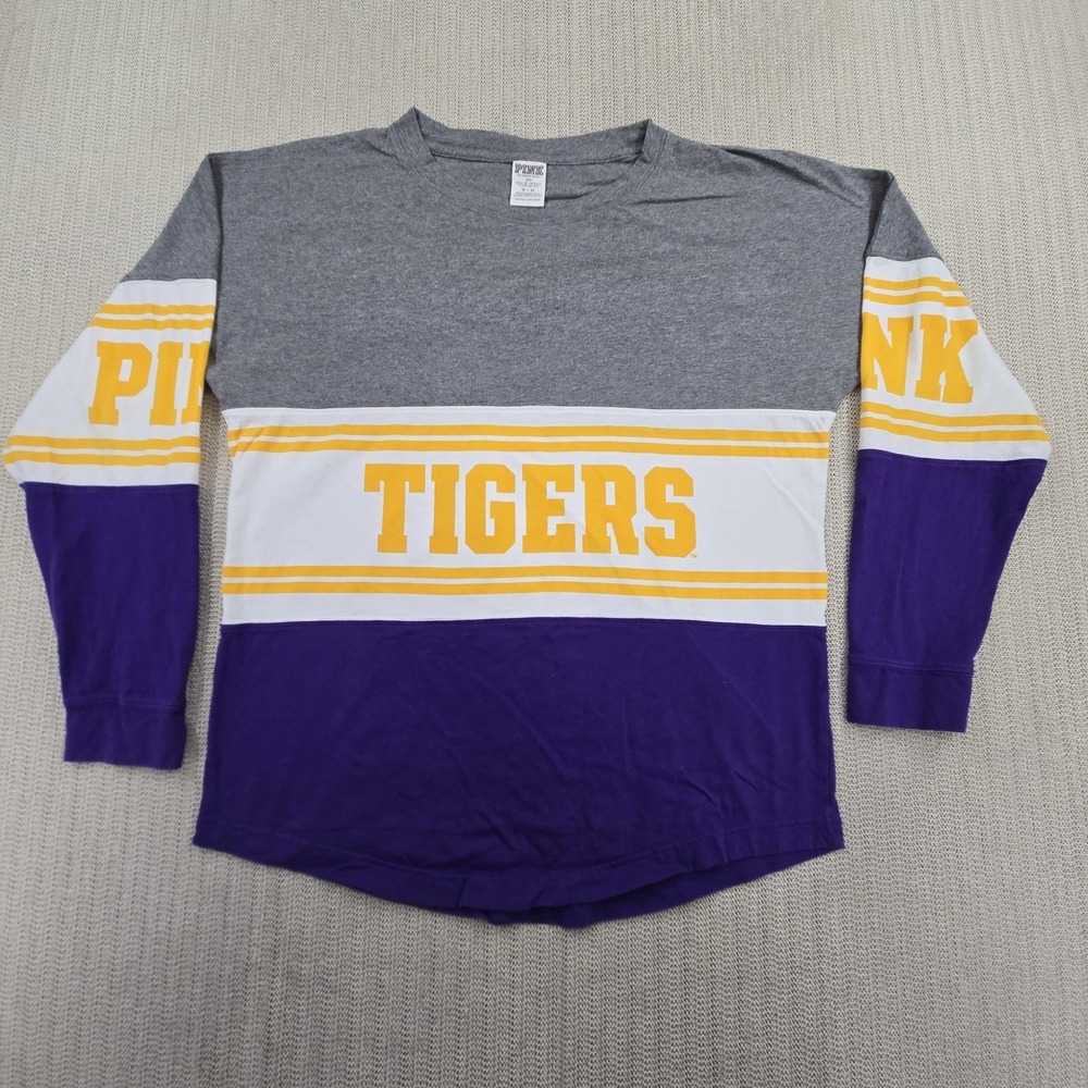 PINK Victoria's Secret LSU Tigers Shirt Womens Medium Gray Colorblock Jersey SEC